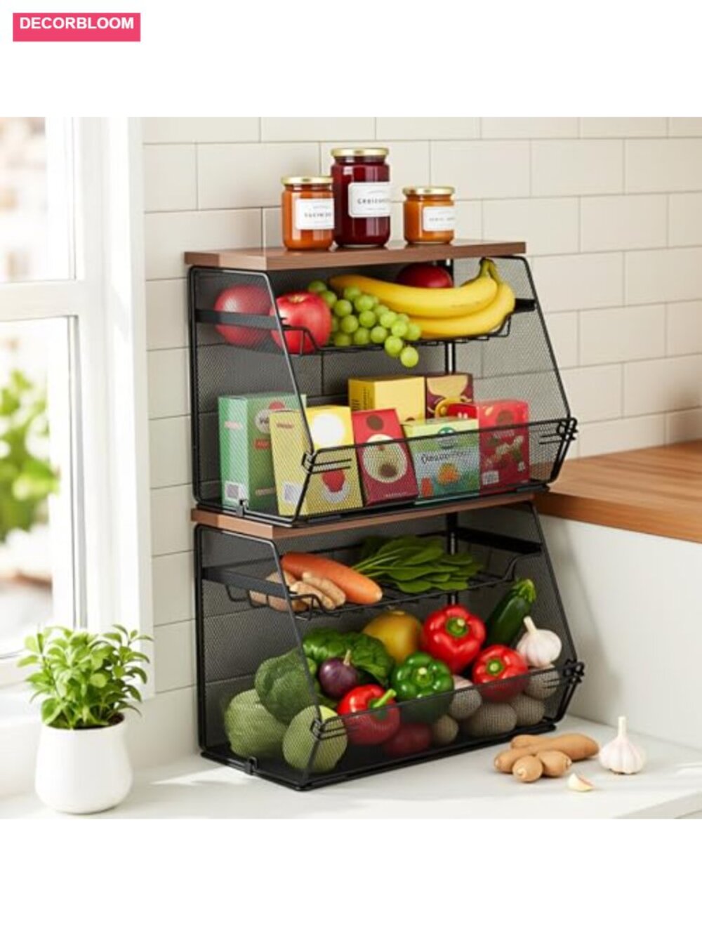 2 Pc Stackable Mesh Fruit Basket Wood Lid Pull-Out Drawer Kitchen Storage
